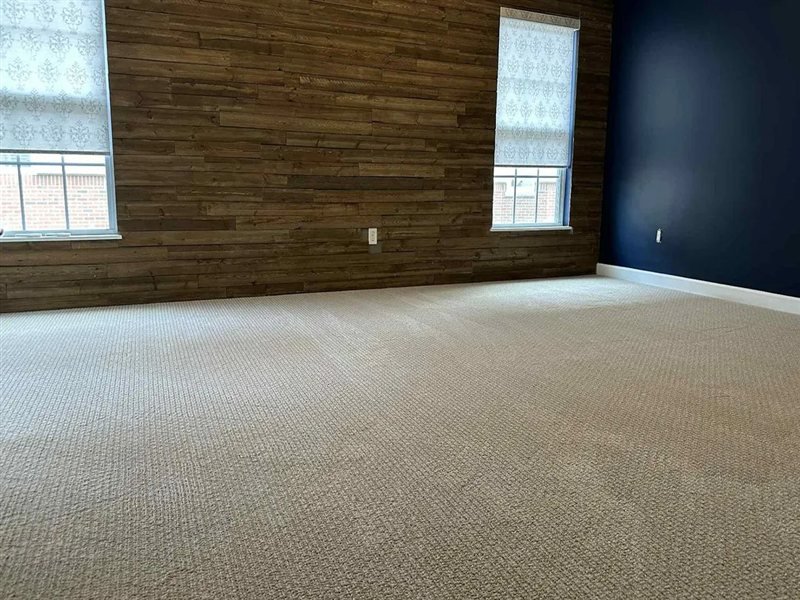 Beige berber carpet installed in a room with wood accent wall